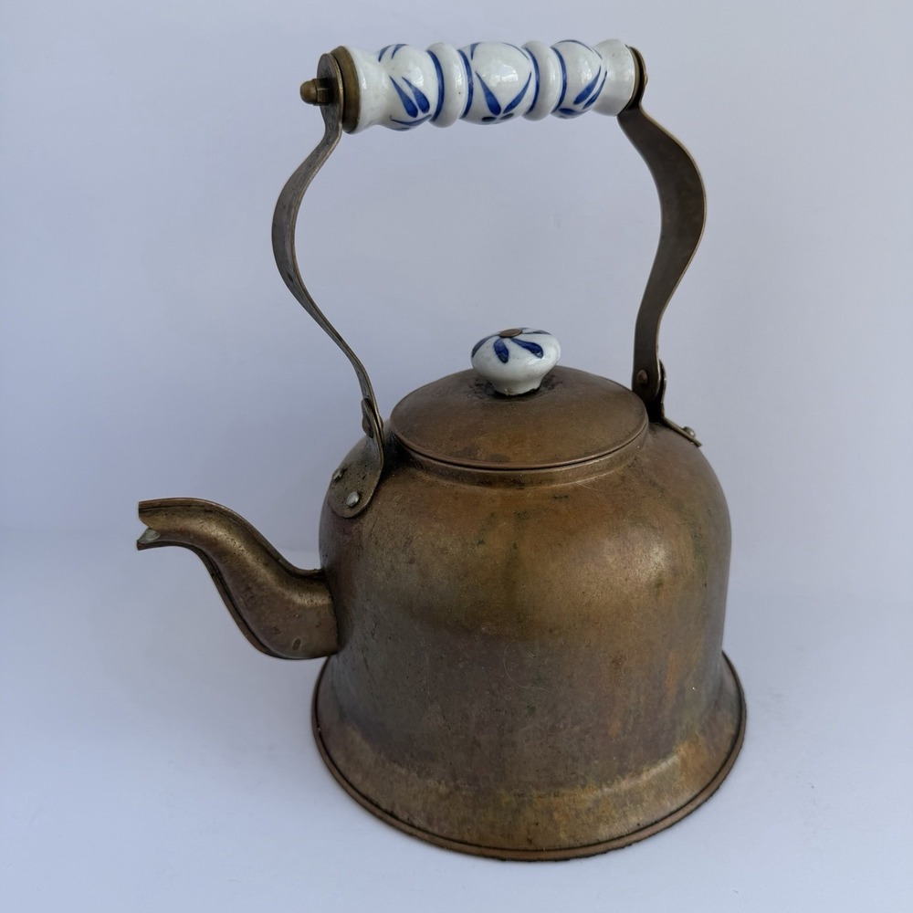 VTG Copper Kettle Cottagecore Decor Only Country Kitchen Porcelain Handle